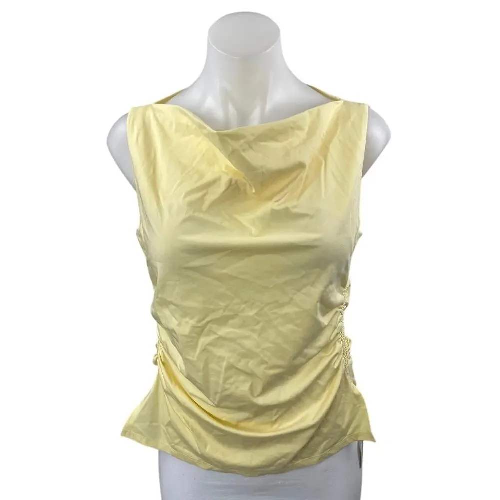 NEW Elodie Women's Yellow Sleeveless Cowl Neck Ruched Crop Tank Blouse Top Sz M